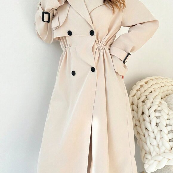Khaki Elegant Women's Cinched Waist Double Breasted Mid-Length Trench Coat - Picture 7 of 8